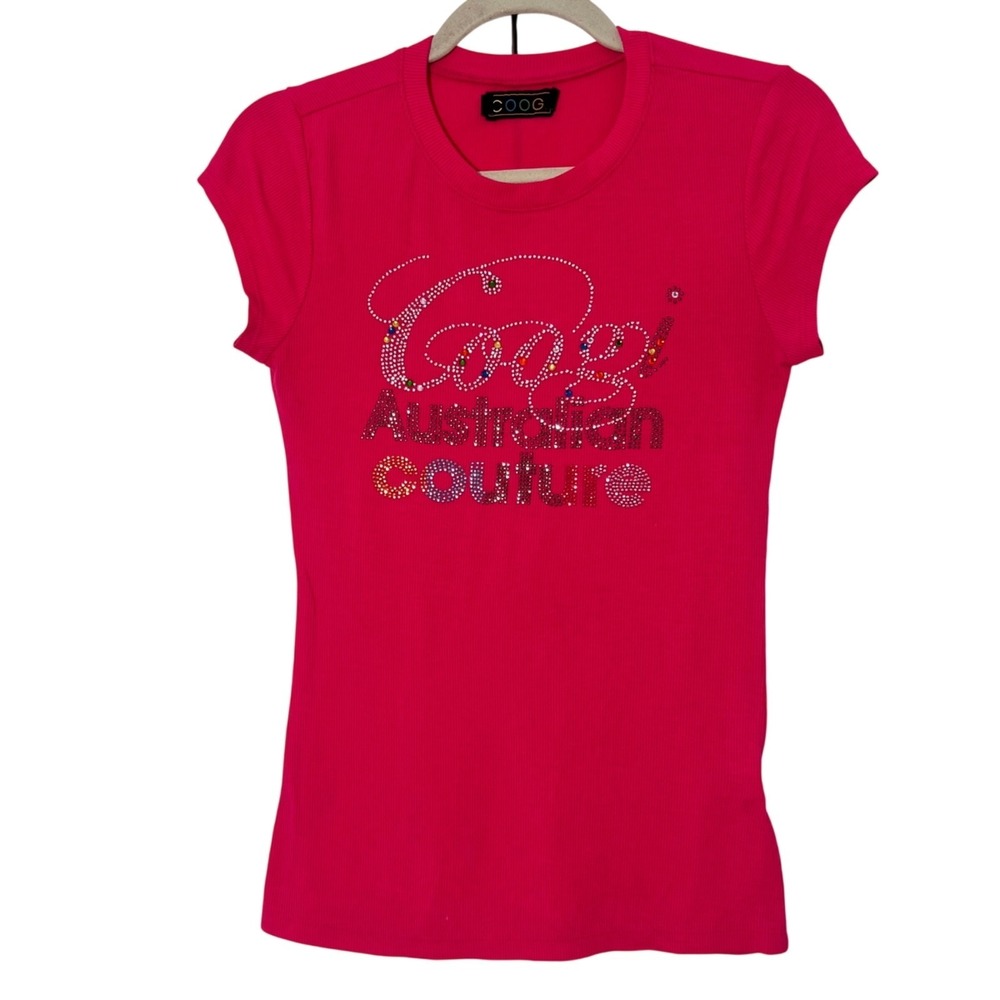 Coogi Y2K T-Shirt Womens L Hot Pink Short Sleeve Stretch Rhinestone Ribbed USA